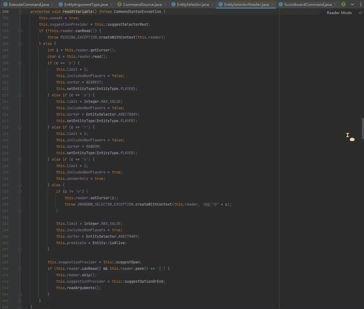 EntitySelectorReader#readAtVariable
