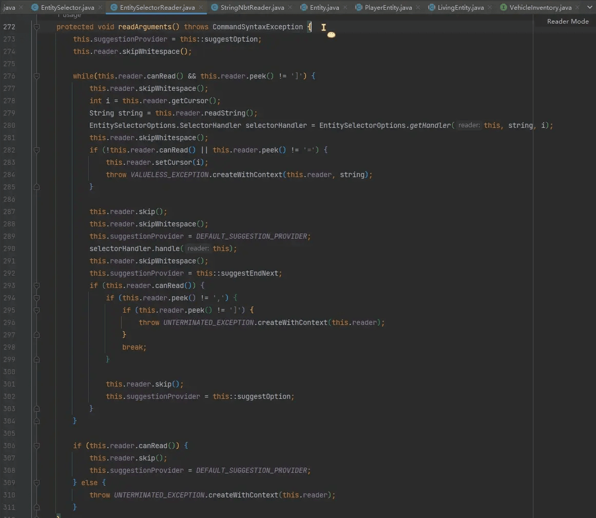 EntitySelectorReader#readArguments